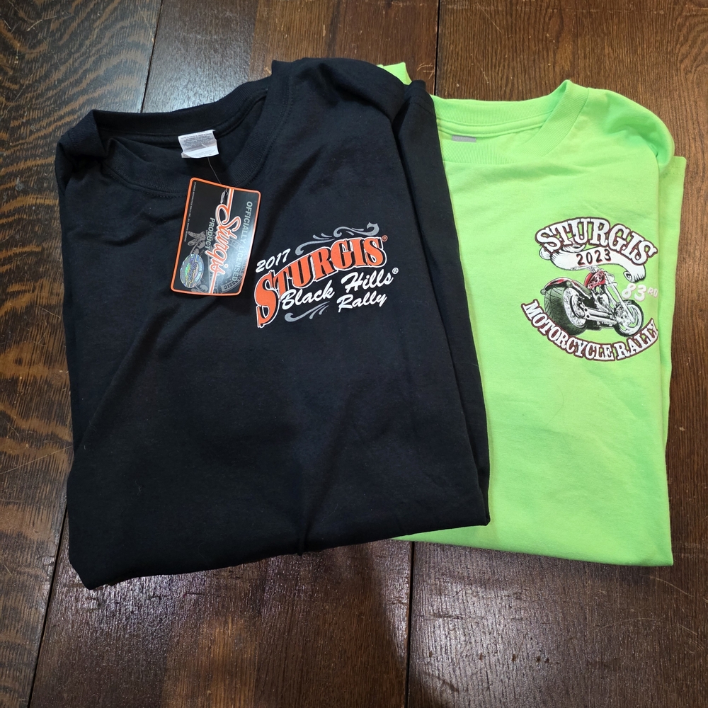 2 Sturgis Motorcycle Rally Black‎ and Green T-Shirts  Sz L